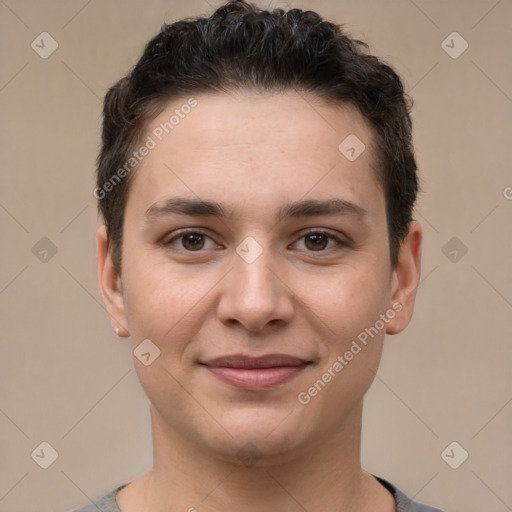 Joyful white young-adult female with short  brown hair and brown eyes