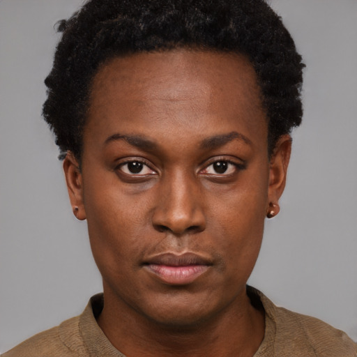 Neutral black young-adult female with short  black hair and brown eyes