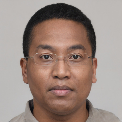 Neutral black young-adult male with short  black hair and brown eyes