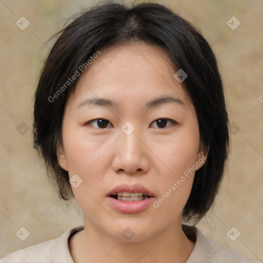 Neutral asian young-adult female with medium  brown hair and brown eyes