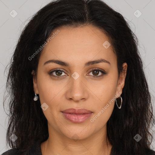 Joyful latino young-adult female with long  brown hair and brown eyes