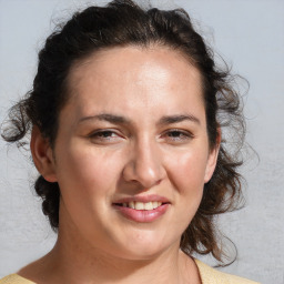 Joyful white adult female with medium  brown hair and blue eyes