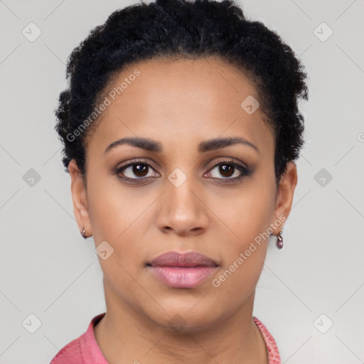 Joyful latino young-adult female with short  black hair and brown eyes