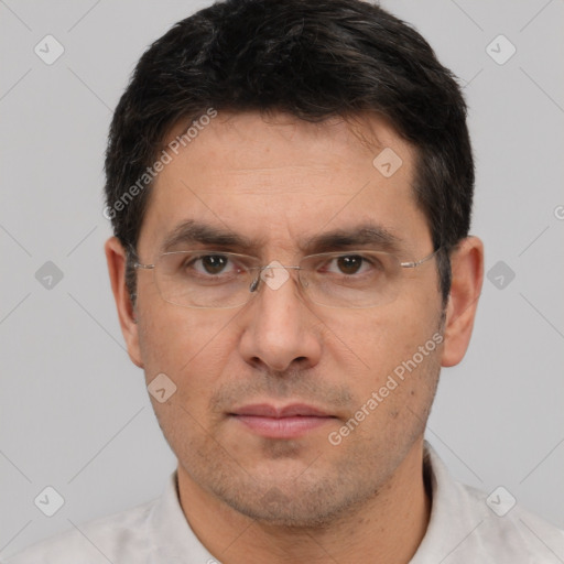 Neutral white adult male with short  black hair and brown eyes