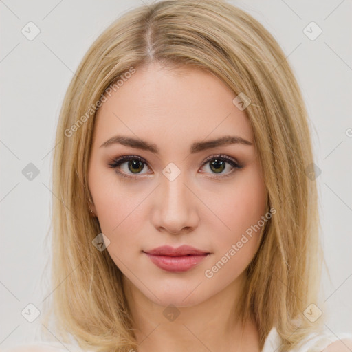 Neutral white young-adult female with long  brown hair and brown eyes