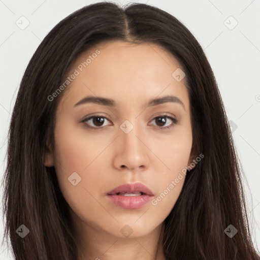 Neutral asian young-adult female with long  brown hair and brown eyes