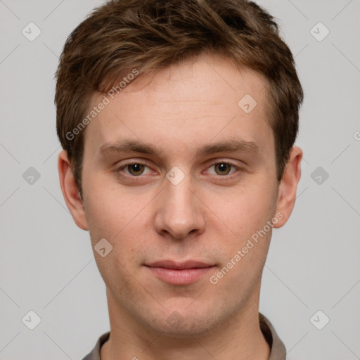 Neutral white young-adult male with short  brown hair and grey eyes