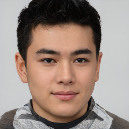 Neutral asian young-adult male with short  brown hair and brown eyes