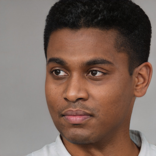 Neutral black young-adult male with short  black hair and brown eyes