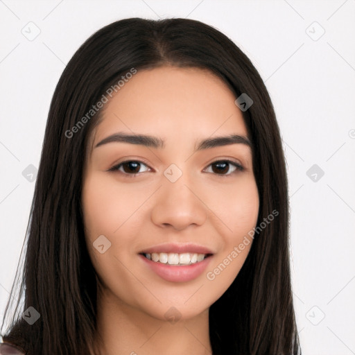 Joyful white young-adult female with long  black hair and brown eyes