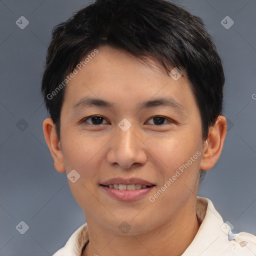 Joyful asian young-adult male with short  brown hair and brown eyes