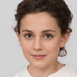 Joyful white young-adult female with medium  brown hair and green eyes