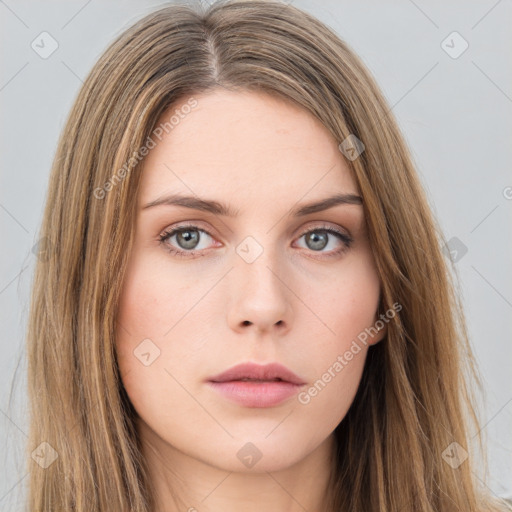 Neutral white young-adult female with long  brown hair and brown eyes