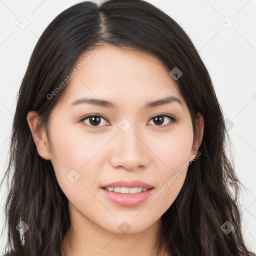 Joyful asian young-adult female with long  brown hair and brown eyes