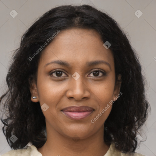 Joyful black young-adult female with medium  brown hair and brown eyes