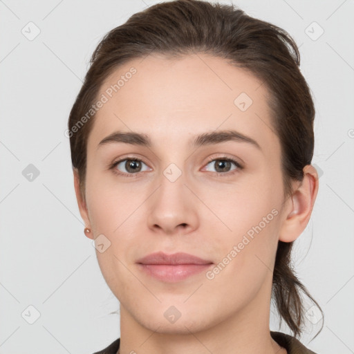 Neutral white young-adult female with short  brown hair and brown eyes