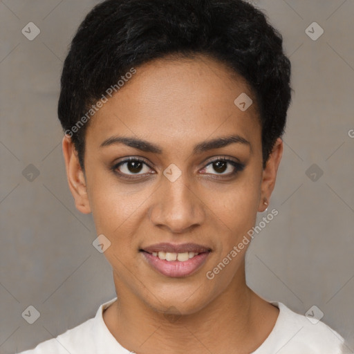 Joyful latino young-adult female with short  black hair and brown eyes