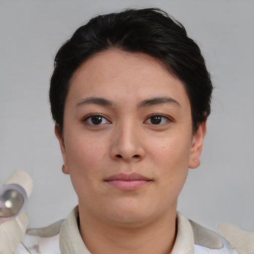Neutral asian young-adult female with short  brown hair and brown eyes