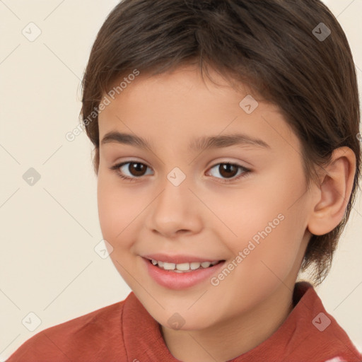 Joyful white child female with medium  brown hair and brown eyes