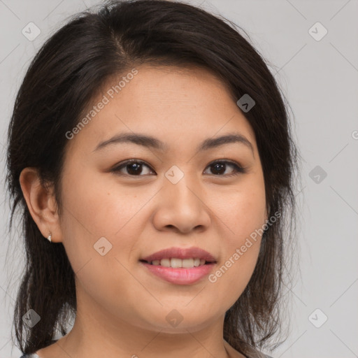 Joyful white young-adult female with medium  brown hair and brown eyes