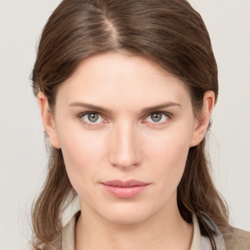 Neutral white young-adult female with medium  brown hair and brown eyes