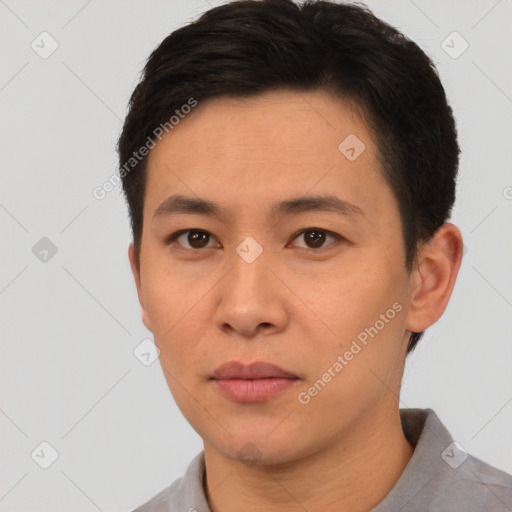 Neutral asian young-adult male with short  brown hair and brown eyes