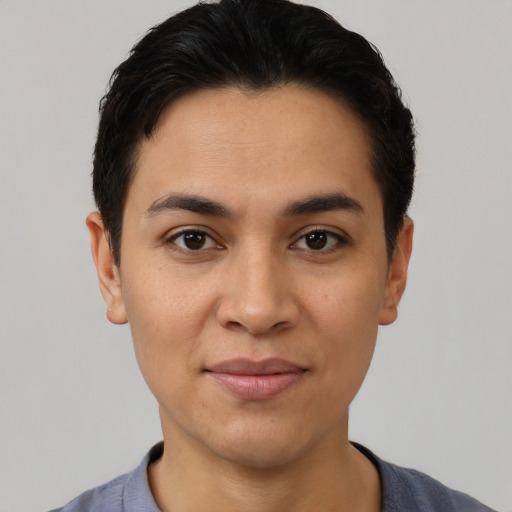 Joyful latino young-adult female with short  black hair and brown eyes