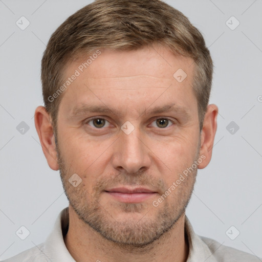 Neutral white adult male with short  brown hair and brown eyes