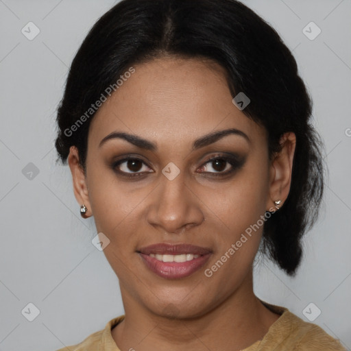 Joyful latino young-adult female with medium  black hair and brown eyes