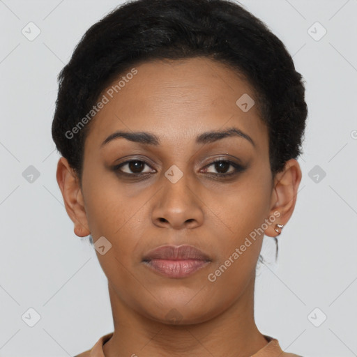 Neutral black young-adult female with short  brown hair and brown eyes