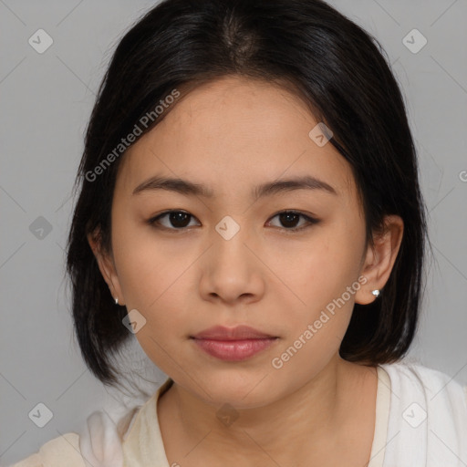 Neutral asian young-adult female with medium  brown hair and brown eyes