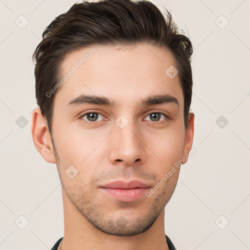 Neutral white young-adult male with short  brown hair and brown eyes