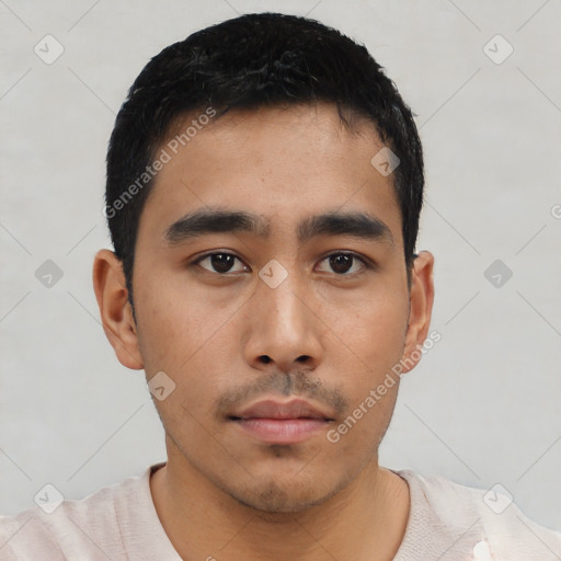 Neutral asian young-adult male with short  black hair and brown eyes