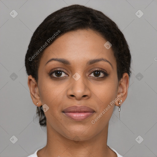 Joyful latino young-adult female with short  brown hair and brown eyes