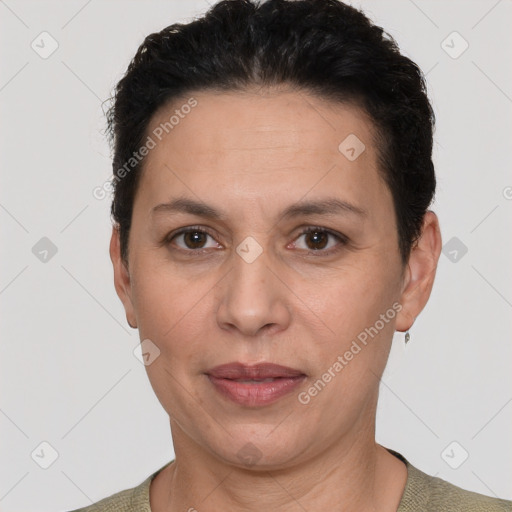 Joyful white adult female with short  brown hair and brown eyes