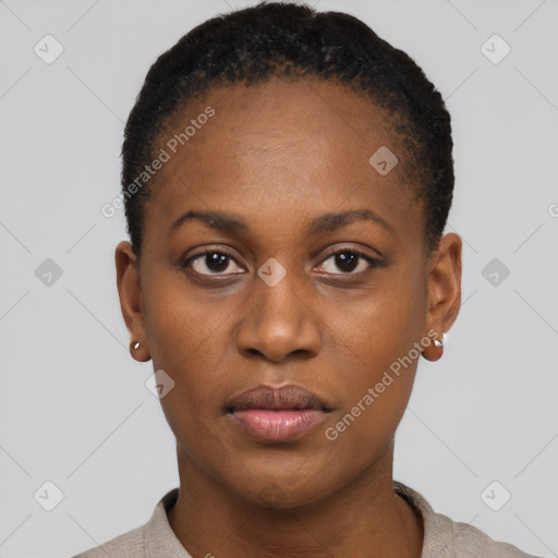 Neutral black young-adult female with short  brown hair and brown eyes