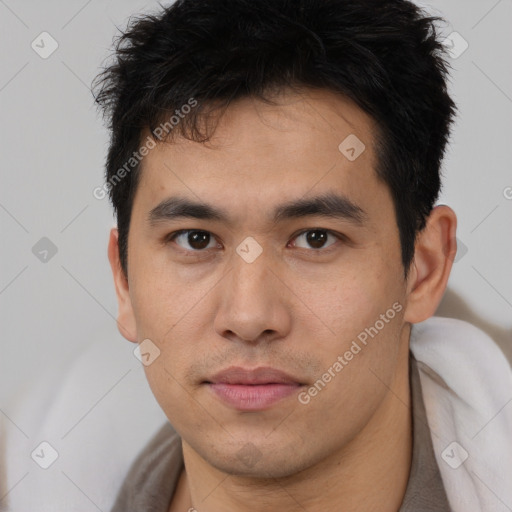 Neutral asian young-adult male with short  black hair and brown eyes