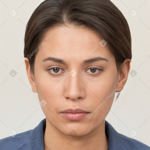 Neutral white young-adult female with short  brown hair and brown eyes