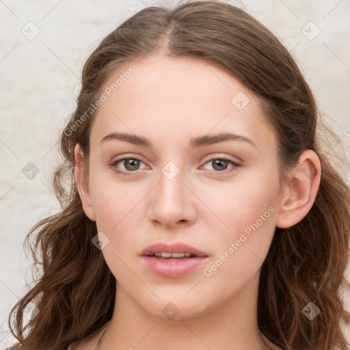 Neutral white young-adult female with long  brown hair and grey eyes