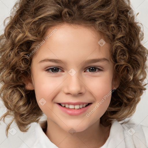 Joyful white child female with medium  brown hair and brown eyes