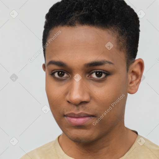 Neutral black young-adult male with short  black hair and brown eyes