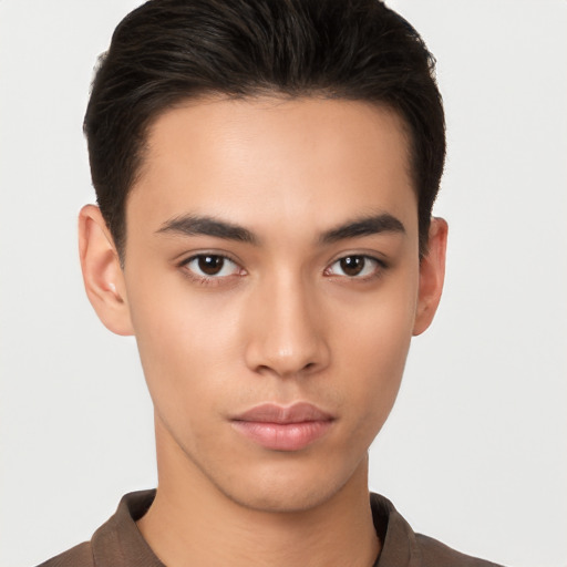 Neutral asian young-adult male with short  brown hair and brown eyes