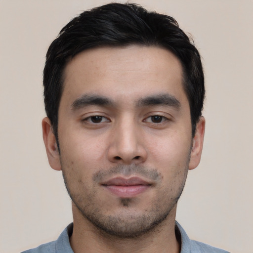 Neutral asian young-adult male with short  black hair and brown eyes