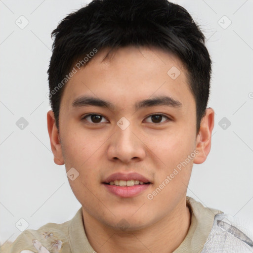 Joyful asian young-adult male with short  brown hair and brown eyes