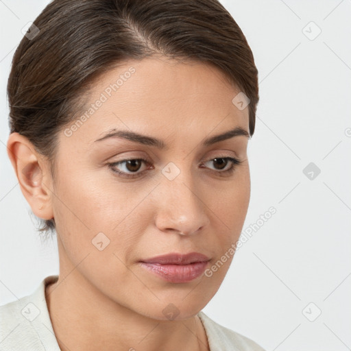 Neutral white young-adult female with medium  brown hair and brown eyes