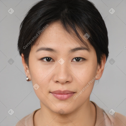 Neutral asian young-adult female with short  brown hair and brown eyes