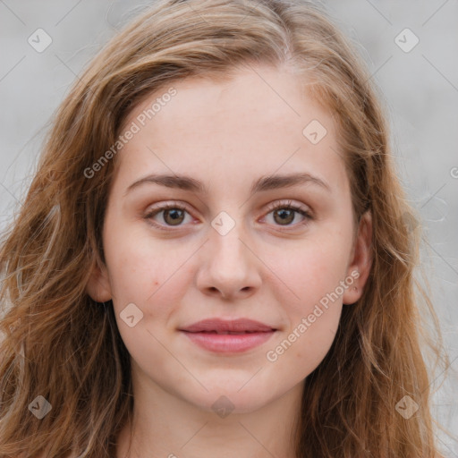 Joyful white young-adult female with long  brown hair and blue eyes