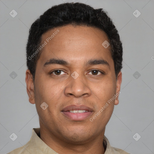 Joyful latino young-adult male with short  black hair and brown eyes