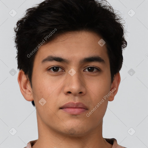 Neutral white young-adult male with short  black hair and brown eyes