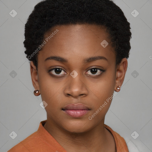 Neutral black young-adult female with short  black hair and brown eyes